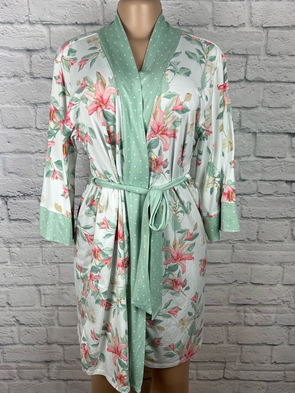 Flora Nikrooz Floral Robe Small Mint Green Pink Lily Polka Dot Belted Pockets